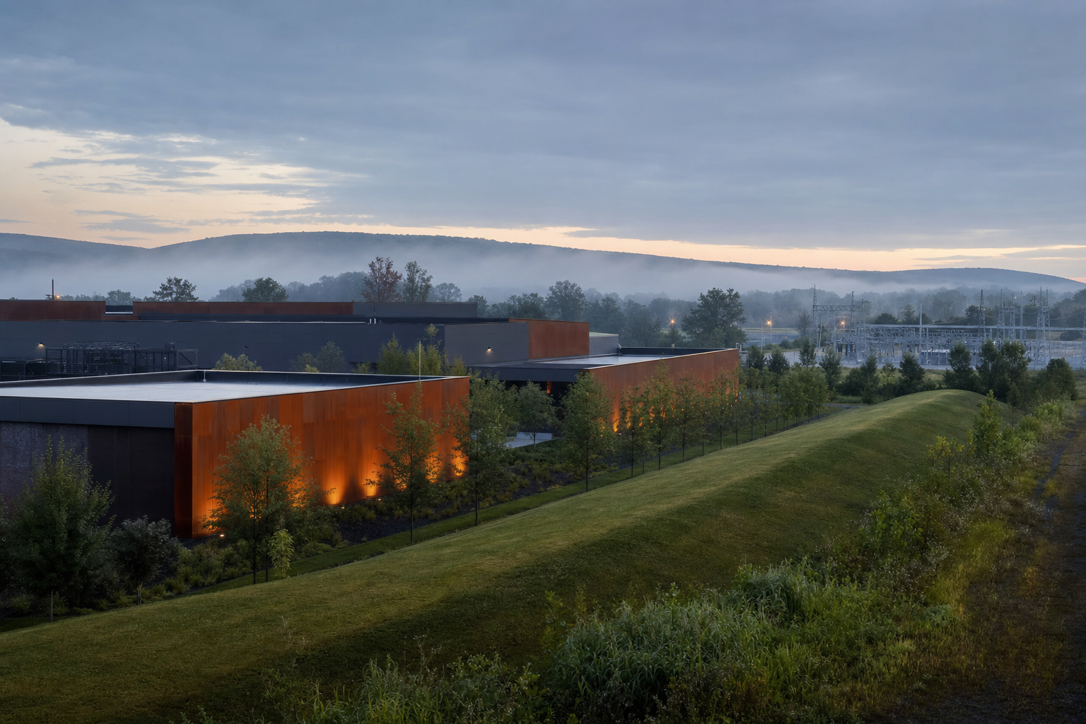 A modern data center campus clad in weathered steel, integrated into a rural Pennsylvania landscape with mature trees and a grass berm screening the facility.