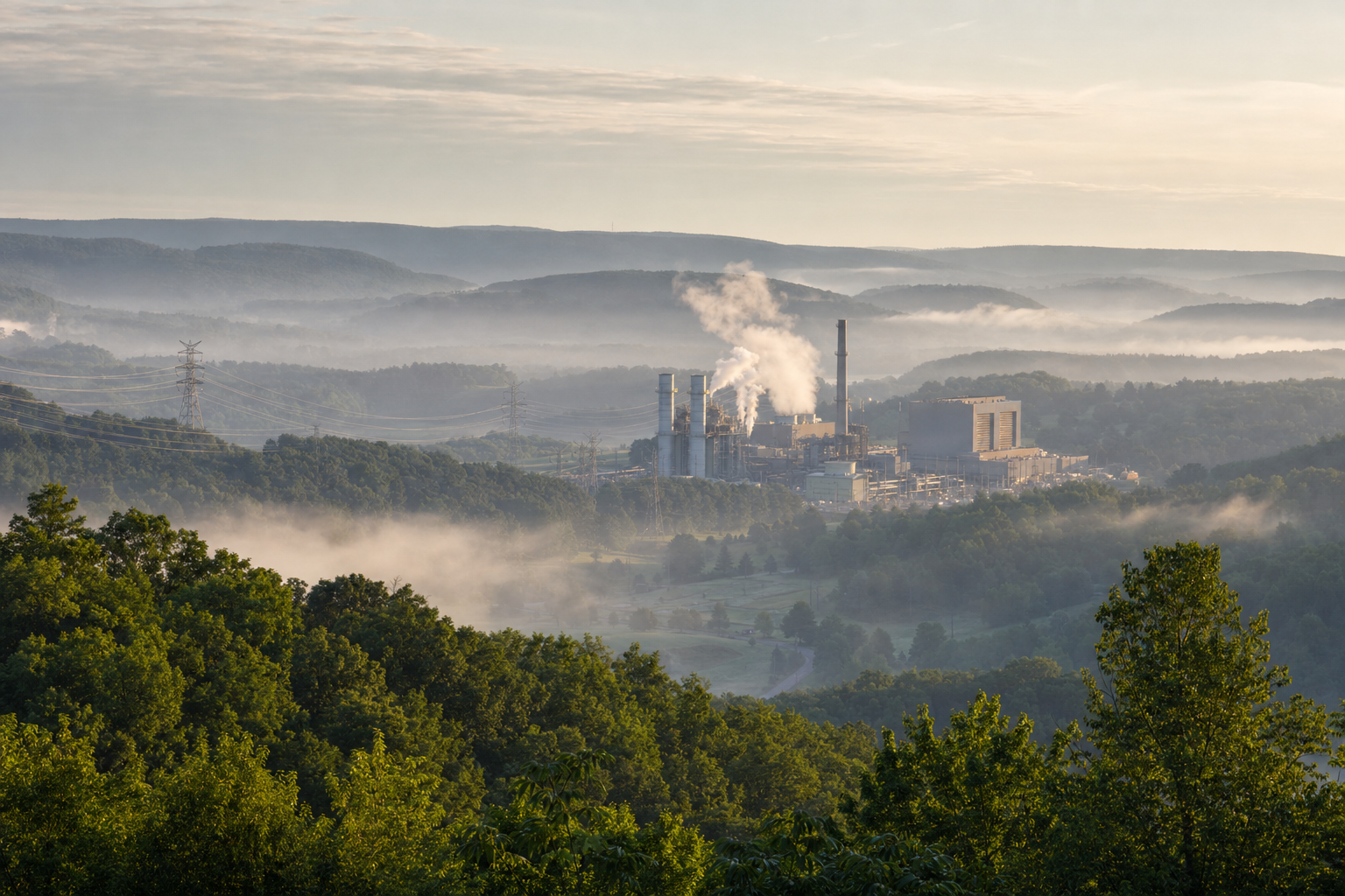 A natural gas combined-cycle power plant in a Pennsylvania valley at dawn, with forested ridges behind it.